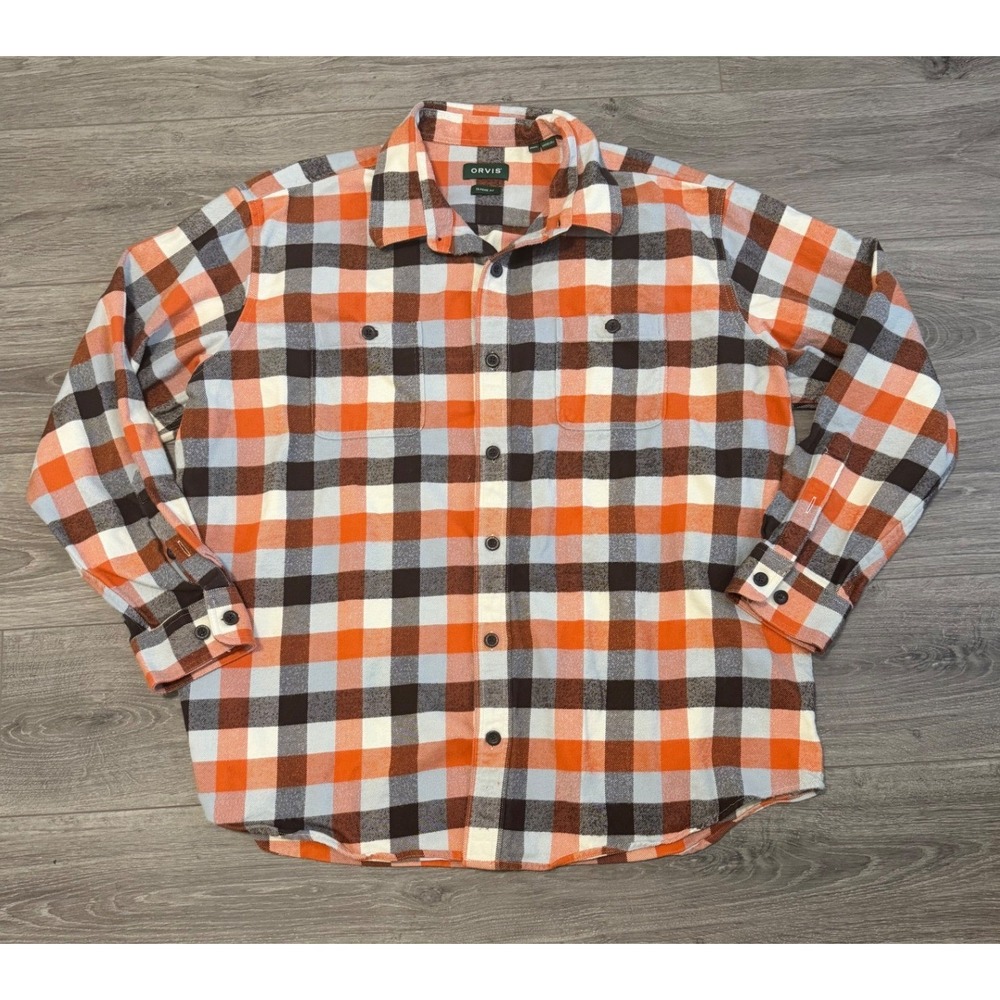 Orvis Perfect‎ Flannel Shirt Men's XXL Classic Fit Orange Plaid Cabincore